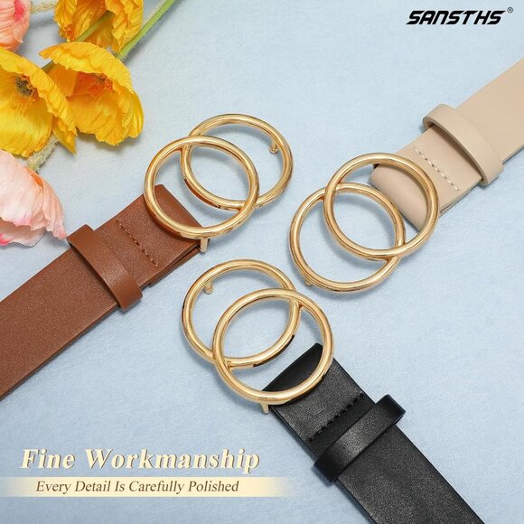 Women Waist Belts Faux Leather 3 Pack with Double O-Ring Buckle for Jeans - Picture 3 of 5